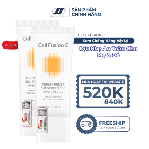 Kem Chống Nắng Thuần Vật Lý An Toàn Cho Mẹ Bầu & Em Bé Cell Fusion C Derma Relief Sunscreen 100 SPF 50+ PA++++ Serene Space Sản Phẩm Chính Hãng