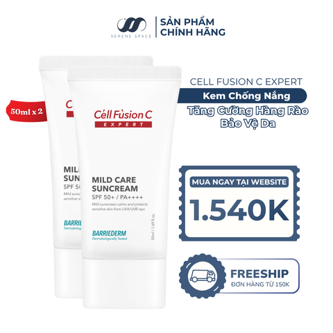 [Combo 50ml+50ml] Kem Chống Nắng Vật Lý Tăng Cường Hàng Rào Bảo Vệ Da Cell Fusion C Expert Barriederm Mild Care Suncream SPF 50+/ PA++++ Serene Space Sản Phẩm Chính Hãng