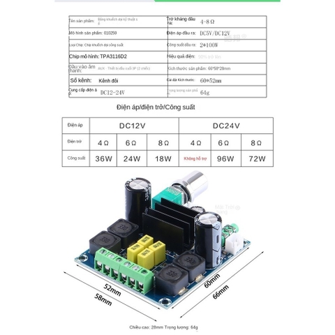 TPA3116D2 Module khuếch đại âm thanh HIFI 2*100W