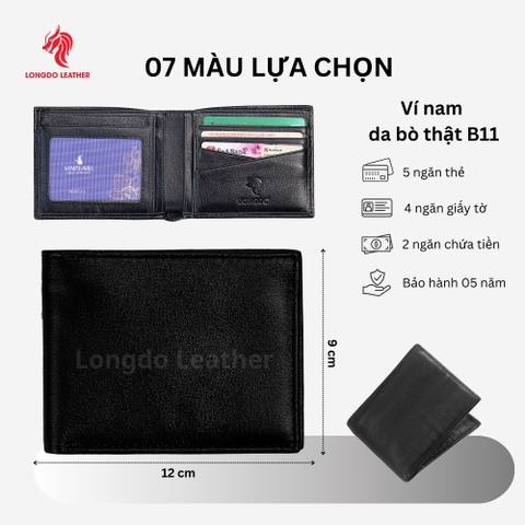 Ví da nam cao cấp dáng ngang có khóa kéo bảo hành 05 năm thương hiệu Longdo Leather