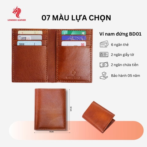 Ví da bò nam cao cấp dáng đứng phong cách sang trọng, bảo hành 5 năm thương hiệu Longdo Leather