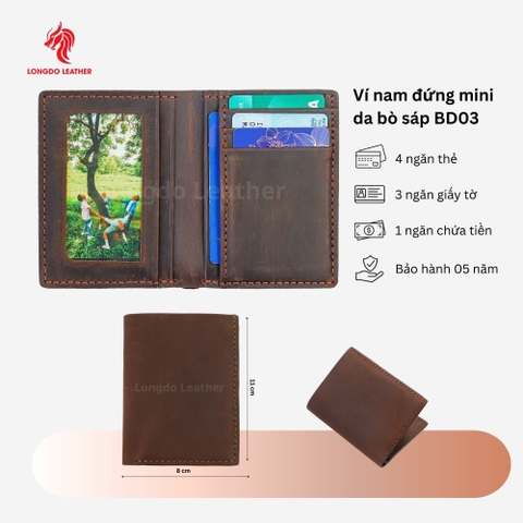 Ví nam đứng may thủ công thiết kế nhiều ngăn đựng thẻ, đựng tiền bảo hành 05 năm