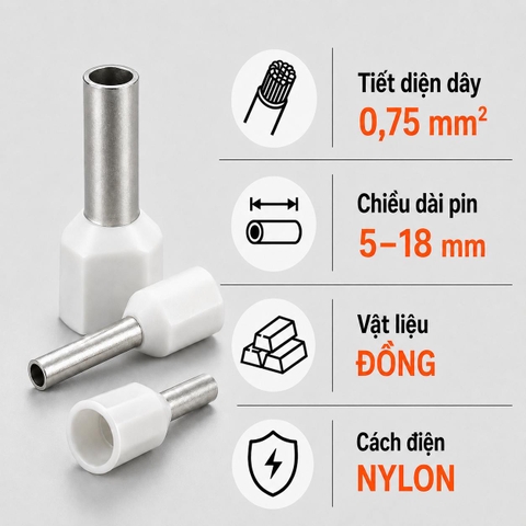 Đầu Cos Pin Rỗng Bọc Nhựa KST E75 Dây 0,75mm²