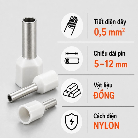 Đầu Cos Pin Bọc Cách Điện KST E05 Dây 0,5mm²
