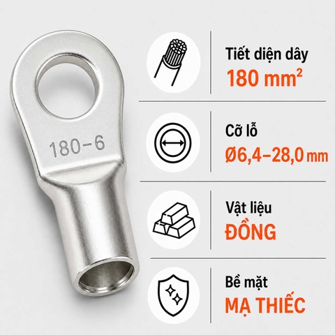 Đầu Cos Tròn Trần KST RNB180 Dây 180mm²