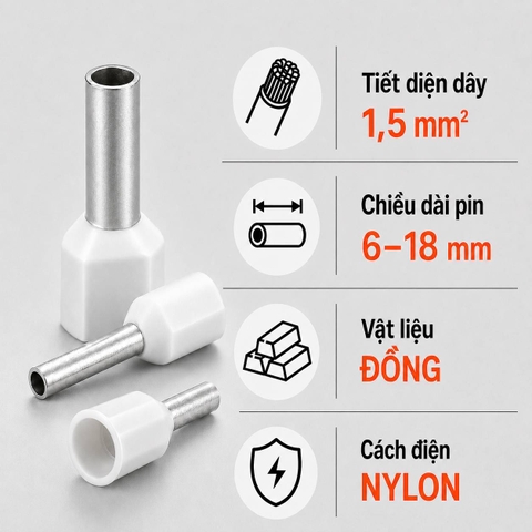 Đầu Cos Pin Rỗng Bọc Nhựa KST E15 Dây 1,5mm²