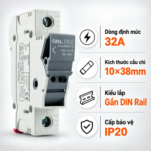 Đế Cầu Chì GRL RT18-32/1P 32A 10x38mm Gắn DIN Rail
