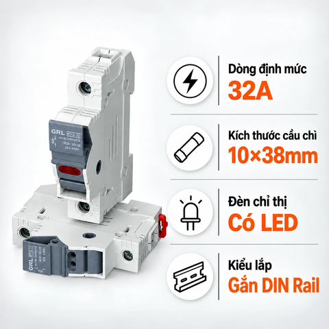 Đế Cầu Chì GRL RT18X-32/1P 32A 10x38mm Có LED Gắn DIN Rail