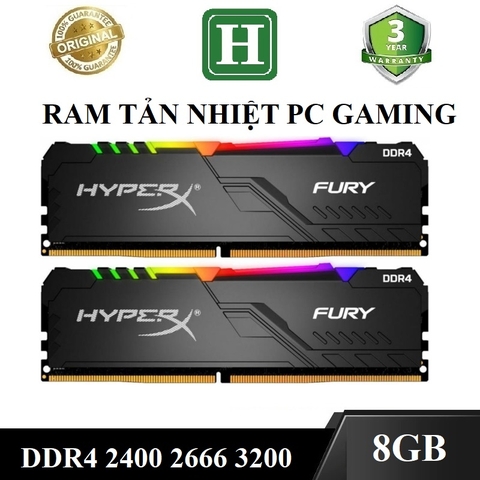 Ram PC Tản Nhiệt 8GB DDR4 bus 2400, 2666, 3200 KINGSTON FURY HYPER X, ram Gaming có led, Bảo hành 36 tháng
