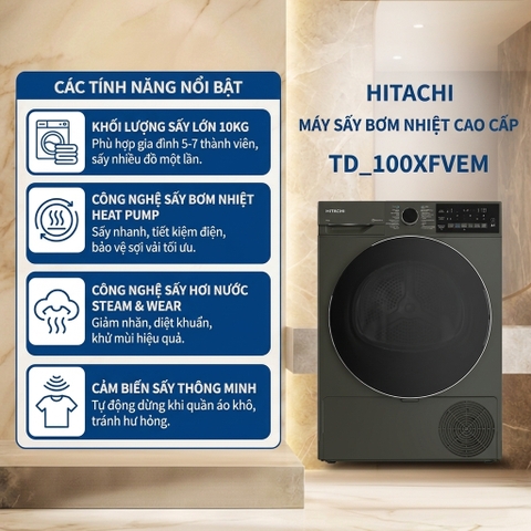 Máy sấy bơm nhiệt HITACHI Inverter 10 Kg - TD_100XFVEM