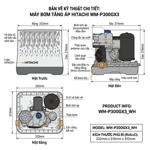 Máy bơm nước tăng áp tự động HITACHI _ Kiểu dáng vuông 300W - WM_P300GX3_WH
