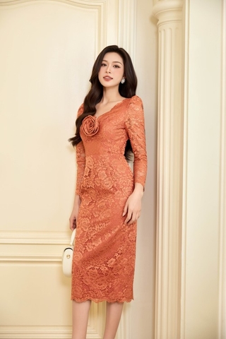 Ochre Lace Pencil Dress With Flower