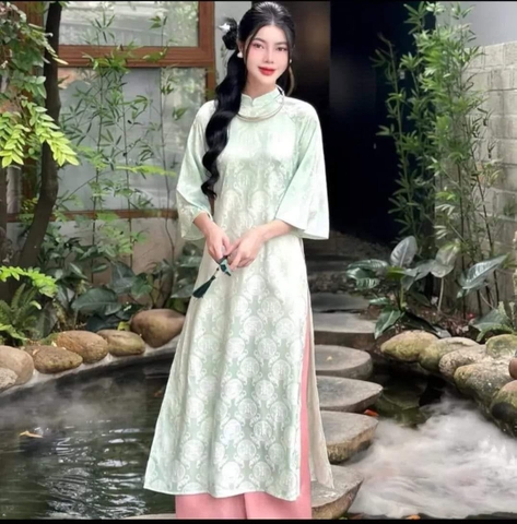 AD lụa thọ xanh mint đính nơ vai cổ 3p