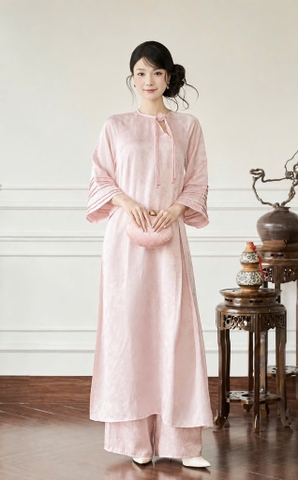 AD hồng cổ tròn, khoét tag nơ hoa, tay gấp + quần hồng nhũ cs1