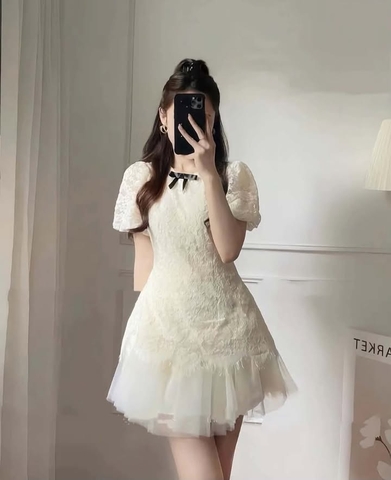 VTkem ren hoa cộc tay đính nơ đen