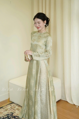 AD xanh cốm cổ tròn vân hoa tròn + quần kem vân công CS1
