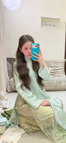 AD xanh min HT hoa lót ren + quần nhũ xanh