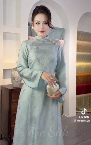 AD xanh dương vân thọ ba cham hoa quần hồng thọ tơ ánh