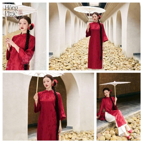AD đỏ cổ 3p ht lá nổi đính nơ dây vai