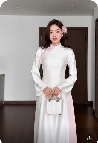 AD lụa trắng phối cổ hồng tag hoa hồng (quần hồng ) CS1