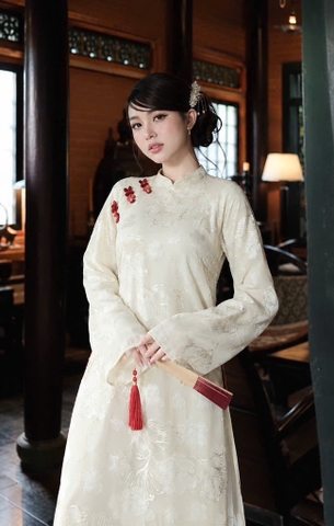AD kem vân lá đính kim sa cổ 3 phân tag 3 nơ đỏ + quần đỏ lụa trơn M