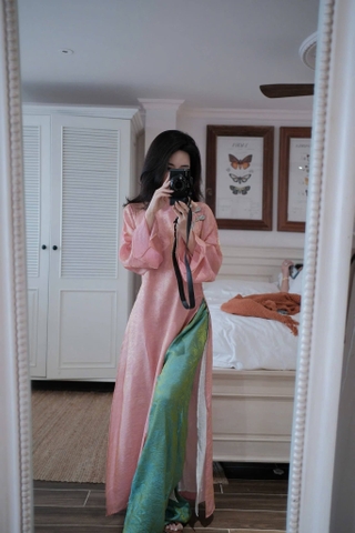 AD tơ ánh 4 tà đính nơ dây +quần tơ xanh