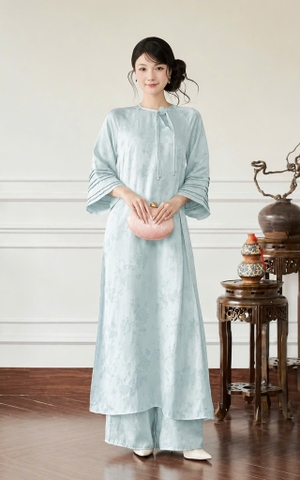 AD Xanh dương cổ tròn khoét tag nơ hoa tay gấp + quần xanh nhũ CS1