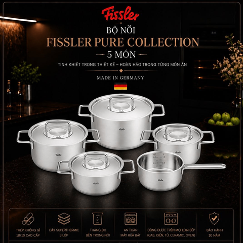 BỘ NỒI FISSLER PURE 5 MÓN ( 4 NỒI 1 QUÁNH) NẮP INOX