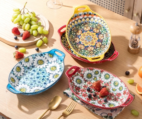 SET 4 ĐĨA OVAN TRÁI CÂY CÓ TAY CẦM HENTEN HOME 30,8CM 950ML