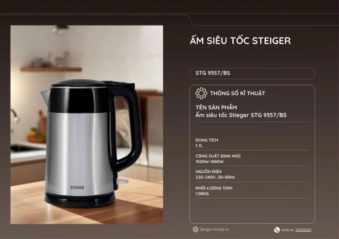 Ấm Siêu Tốc Steiger STEIGER STG-9238/B ĐEN, XÁM, BẠC INOX