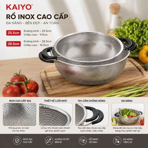 RỔ INOX LIỀN KHỐI 2 TAY CẦM CÓ CHÂN KAIYO 28CM/25,5CM