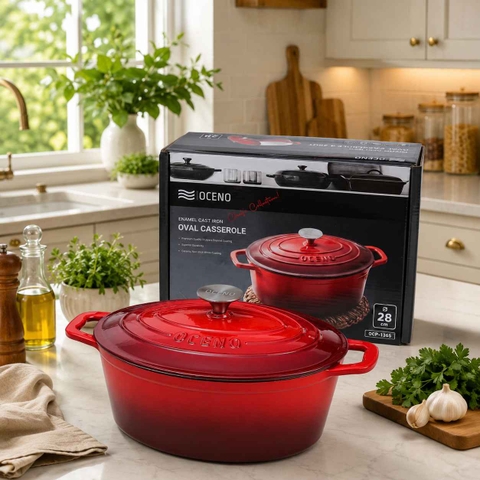 NỒI GANG OVAL OCENO 28CM MÀU ĐỎ