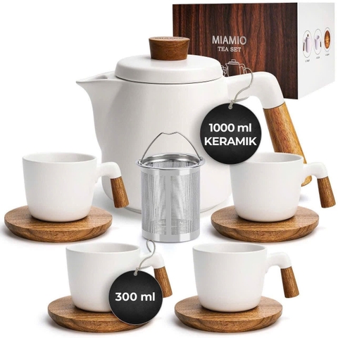 BỘ ẤM CHÉN TRÀ 1 ẤM 4 CÔC MIAMIO TEAPOT QUAI GỖ MÀU ĐEN / TRẮNG