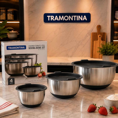 SET 4 ÂU TRỘN TRAMONTINA CÓ NẮP KÈM RỔ MÀU ĐỎ/ĐEN