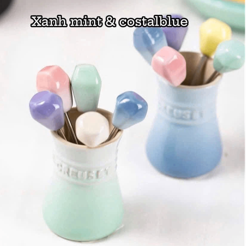 Set 5 dĩa hoa quả kèm hũ đựng Le Creuset màu xanh mint