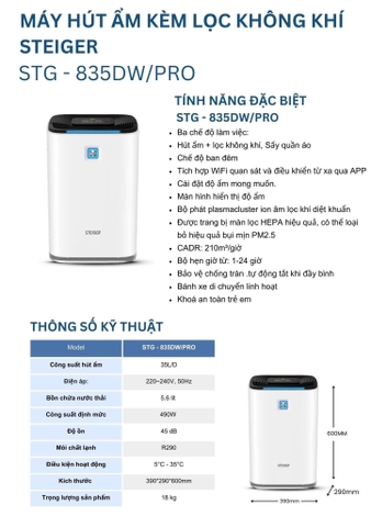 HÚT ẨM STEIGER KÈM LỌC KHÔNG KHÍ STG-835DW/PRO 35L