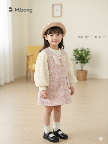 Set váy dạ bé gái Mbang tay bồng xinh xắn, Set váy dạ hồng cho bé gái Mbang gắn nơ xinh xắn
