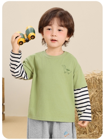 Áo phông dài tay phối sọc ngực thêu CUTEPANDA'S hình thú/khủng long siêu cute cho bé