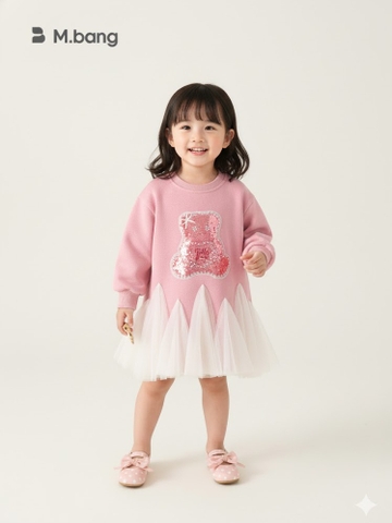Váy Nỉ Cao Cấp Siêu Mềm Mịn Dày Ấm Màu Hồng Họa Tiết Gấu Kim Sa Kèm Chân Voan Xòe Dễ Thương M.bang cho bé gái