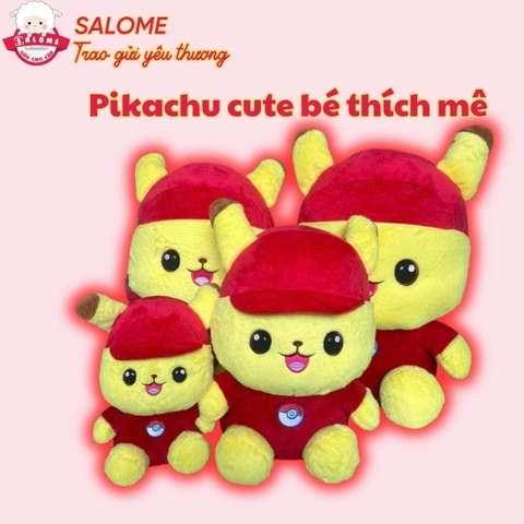 Gấu bông Pikachu ngồi đội nón đỏ