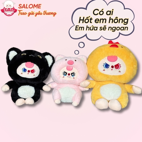 Gấu bông baby three dễ thương gà vàng heo hồng mèo đen bé ba mắt ướt hai màu dora thú bông Salome