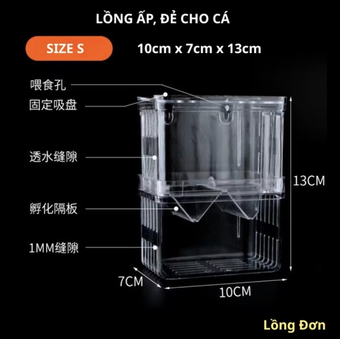 Lồng Đẻ Cho Cá Bằng Mica Trong Suốt, Hộp Ấp Dưỡng Cá Bảy Màu Cá Bệnh Nhiêu Kích Thước XS S M L