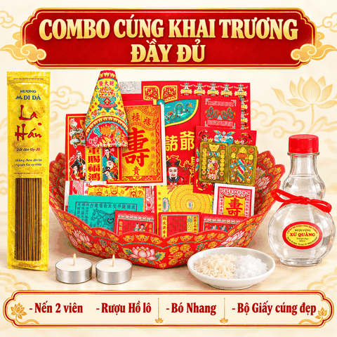 Combo Khai Trương đầy đủ(Giấy cúng Đẹp+Nhang+2 nến +Muối gạo+Rượu)