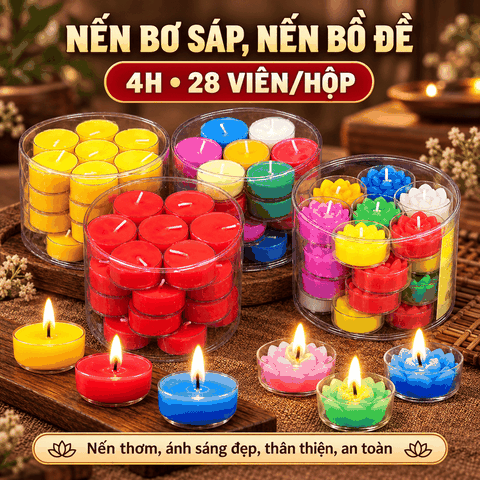Nến hộp Bơ,Sáp Trà ,nến Bồ đề 28 viên 7 màu(Hộp)