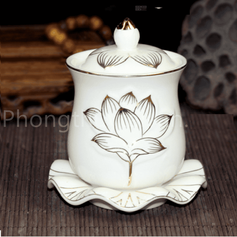 Chum nước Sứ có đế ,có nắp (vành Sen) - Nhỏ 7.5cm