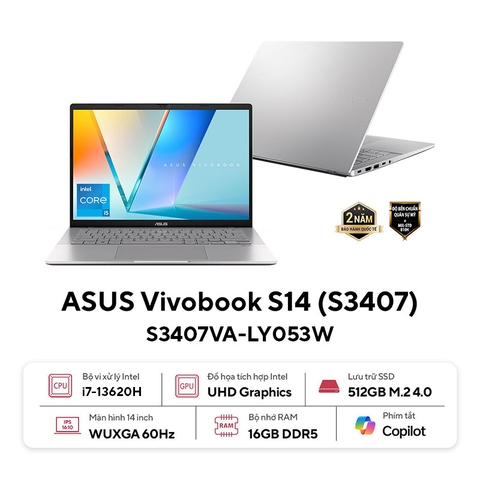 NB Asus S3407V - Bạc Core i7-13620H/16GB/512GB SSD/14" WUXGA/ax+BT/Win11home_S3407VA-LY053WW