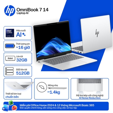 Laptop HP OmniBook 7 14-fr0033TU C1MN2PA (Intel Core Ultra 5 225U | 14 inch WUXGA IPS | 16GB | 512GB | Win 11 | Office | Bạc)