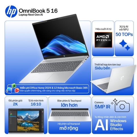Laptop HP OmniBook 5 16-ag1068AU BZ7T0PA (AMD Ryzen AI 5 340 | AMD Radeon 840M | 16 inch WUXGA | Touch | 16 GB | 512 GB | Windows 11 Home | Office | Bạc)