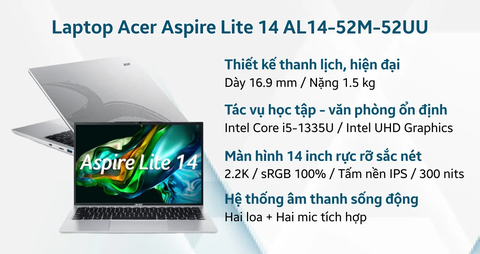 Máy tính xách tay Acer N23G2 (AL14-52M-52UU) (i5-1335U; 16GB; 512GB SSD; UMA; 14" 2.2K; Windows 11; Bạc; NX.J39SV.003)