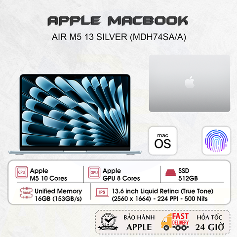Laptop Apple MacBook Air 13 inch M5 Bạc 10CPU/8GPU/16GB/512GB - MDH74SA/A